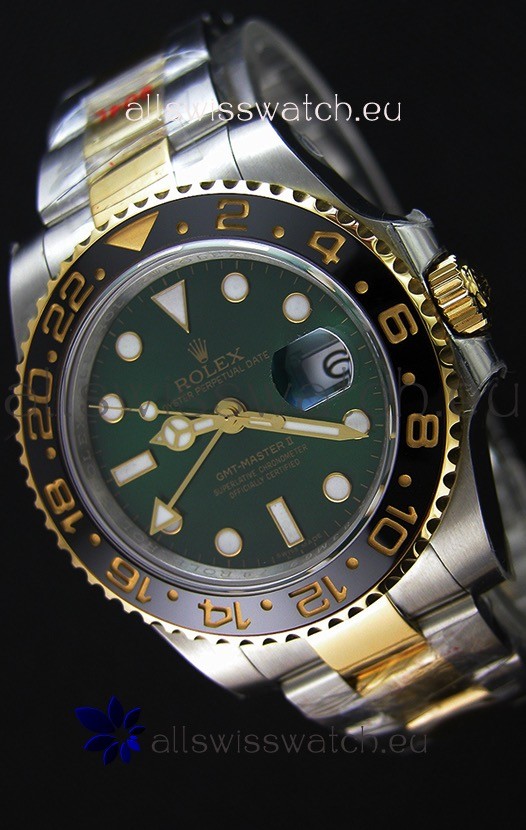 Rolex GMT Masters II Two Tone Yellow Gold Watch with Green Dial with Free Shipping