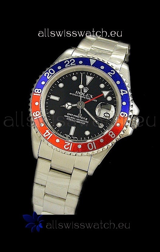 Rolex GMT Master II Swiss Replica Steel Watch in Red and Blue Bezel for just 529 USD